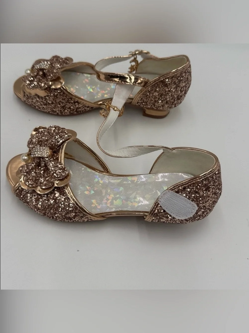 Girls Rose Gold Glitter Bow Dress Sandals with Pearl Accent Size 13
